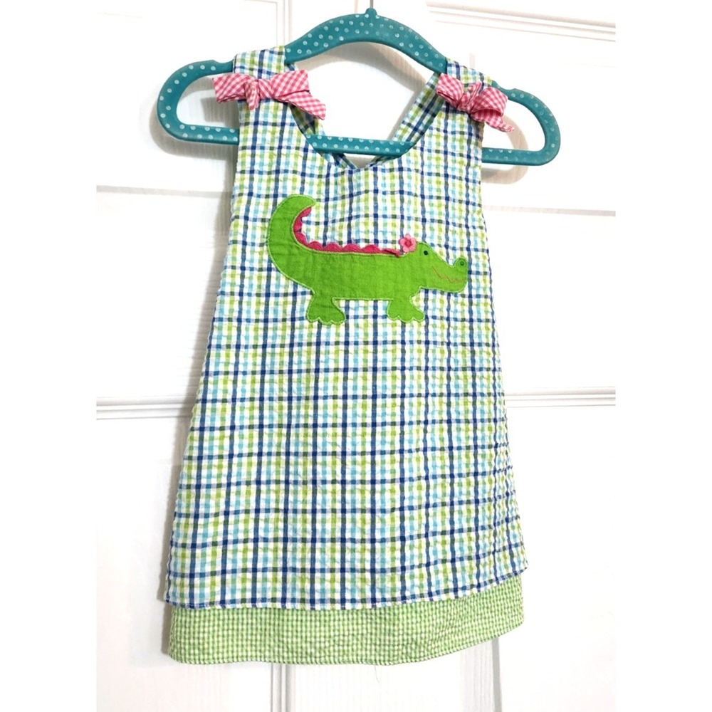 ZU Blue Green White Seersucker Sun Dress w/ Alligator Appliqué 12M Super Cute